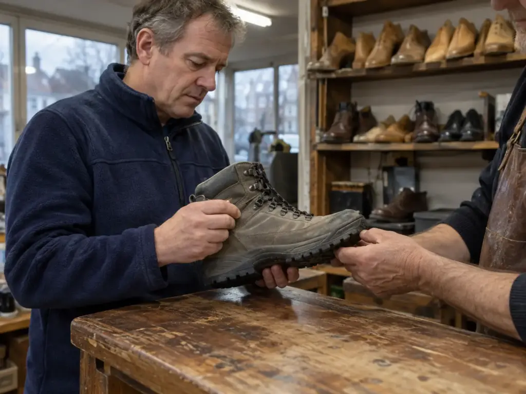 Man holding a hiking boot out to a cobbler at a repair shop counter to ask whether it can be resoled