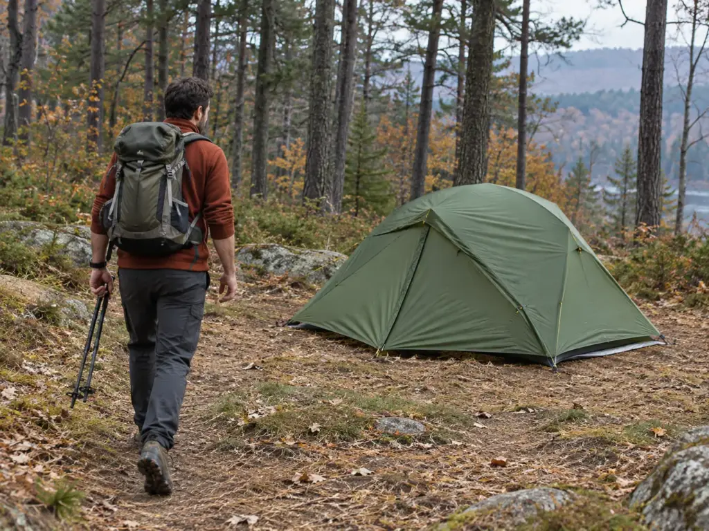 Man in his 30s with a loaded pack walking into a clearing toward a freestanding backpacking tent already pitched