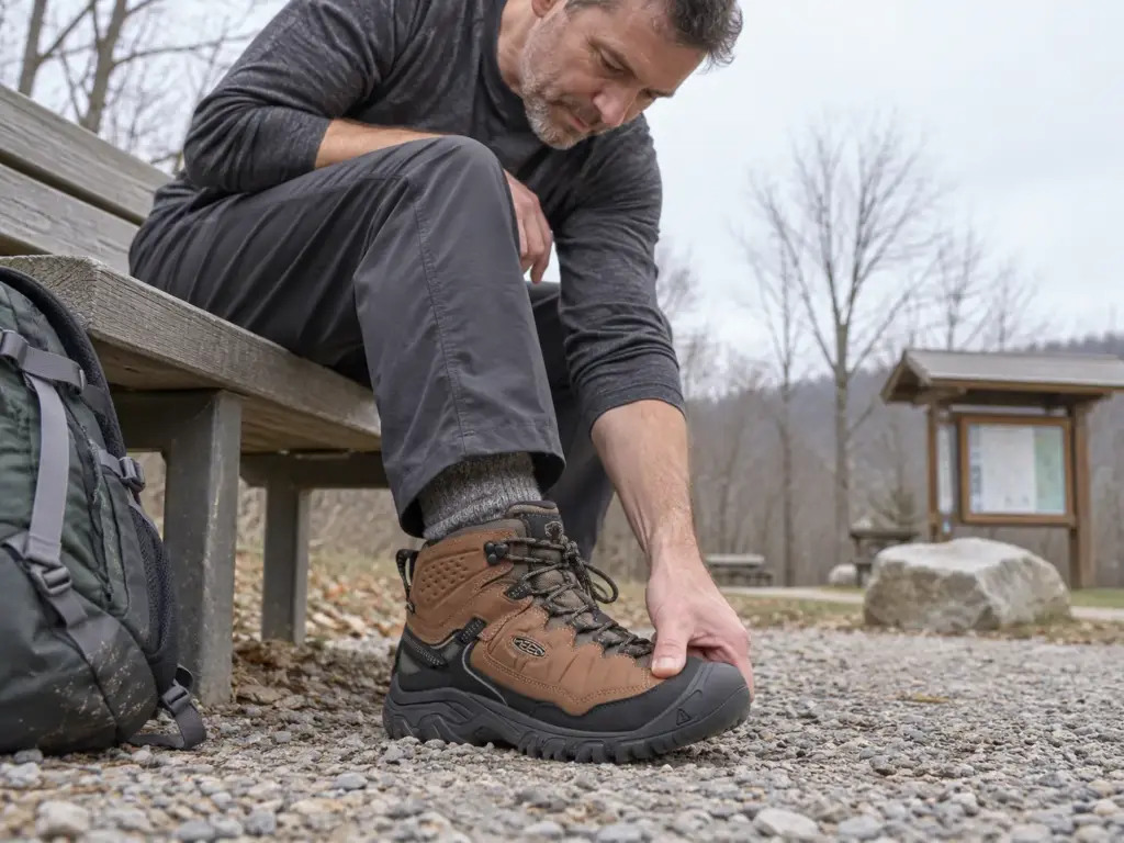 Man checking toe room in a KEEN Targhee IV Mid hiking boot by pressing his thumb on the toe box at a trailhead bench