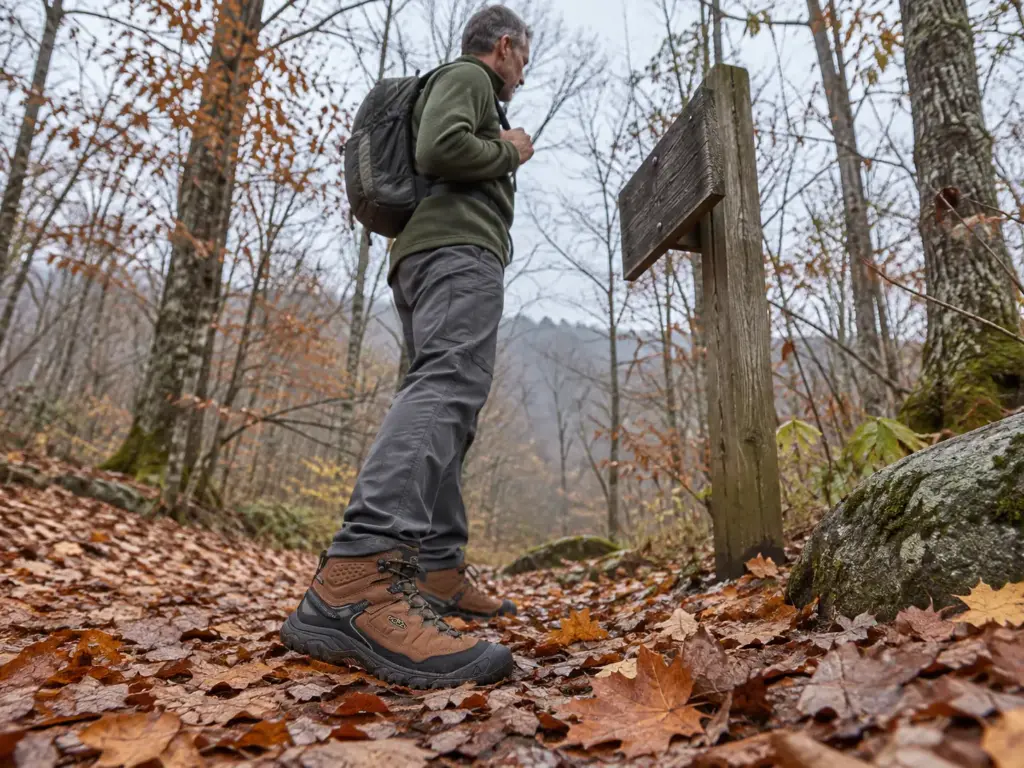 Man in his fifties in Keen Targhee IV Mid Waterproof hiking boots stopped at a trail signpost on a leaf-covered path