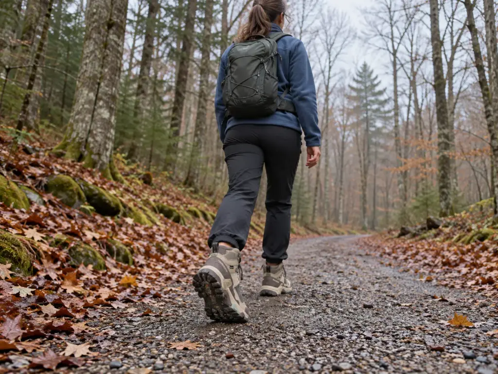 Woman walking a packed-gravel forest trail in Salomon X Ultra 5 Mid GTX lightweight hiking boots on an overcast morning