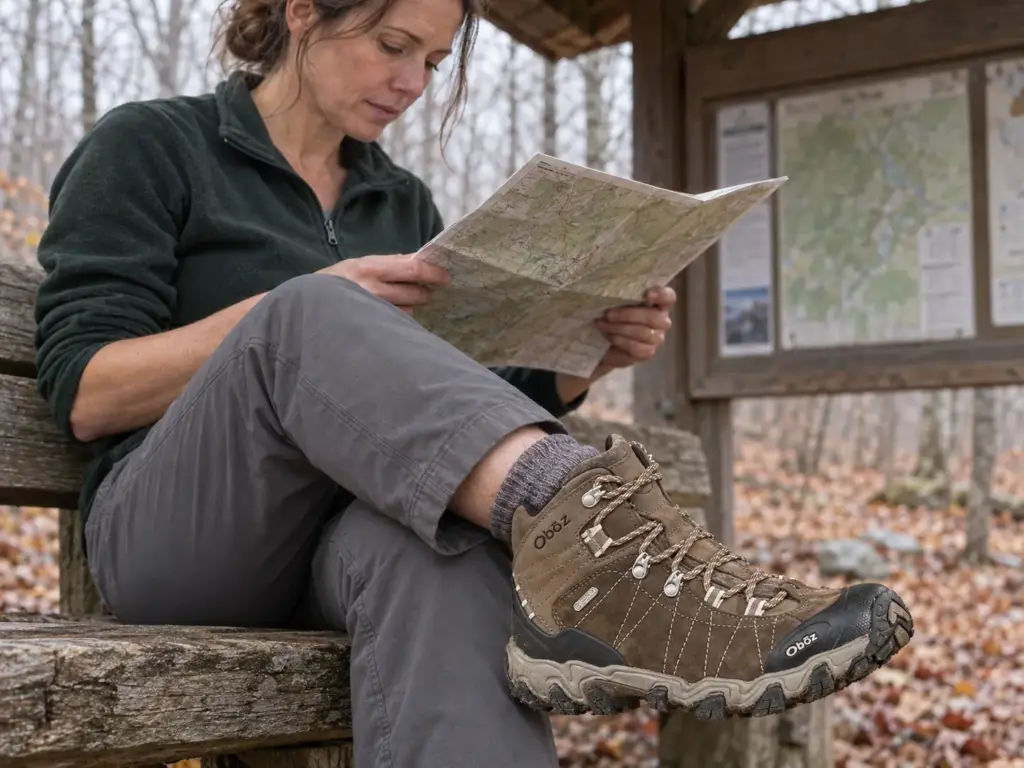 Woman in Oboz Bridger Mid B-DRY boots reading a trail map on a bench, boot collar and ankle fit in view