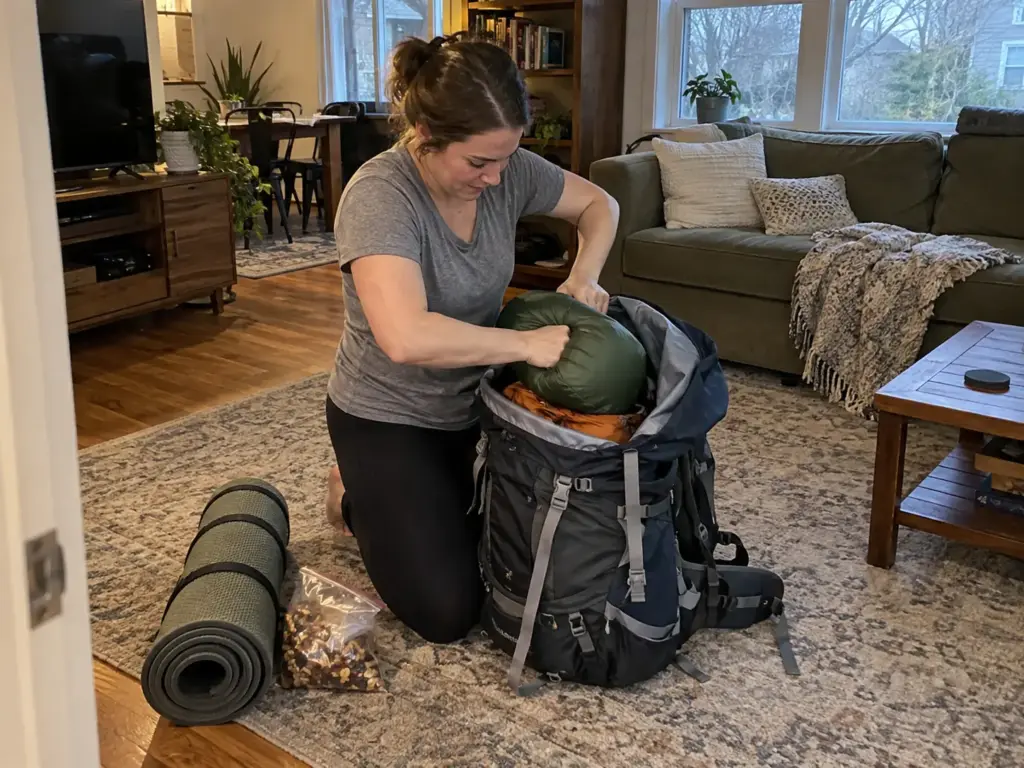 Woman kneeling on a living-room floor pushing a tent stuff sack into an open backpack beside a sleeping bag and pad