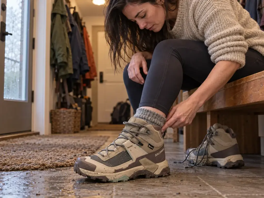 Woman checking the heel hold of a Salomon X Ultra 5 Mid GTX women's hiking boot on a mudroom bench
