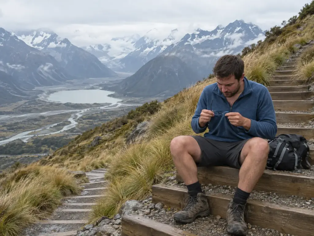 Hiker resting on timber steps on the Sealy Tarns track above the Hooker Valley in Aoraki Mount Cook National Park