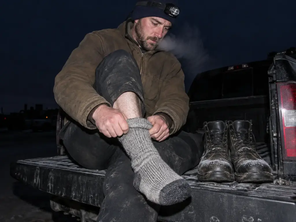 Man on a tailgate before dawn pulling on a wool sock beside frosty steel-toe hiking boots, breath visible