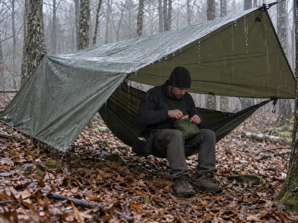 Man sitting in a low hammock under a tarp with one end closed against the wind and rain falling outside