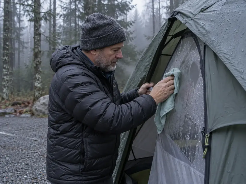 Man in a camp doorway wiping condensation off the mesh of a pitched dome tent on a damp misty morning