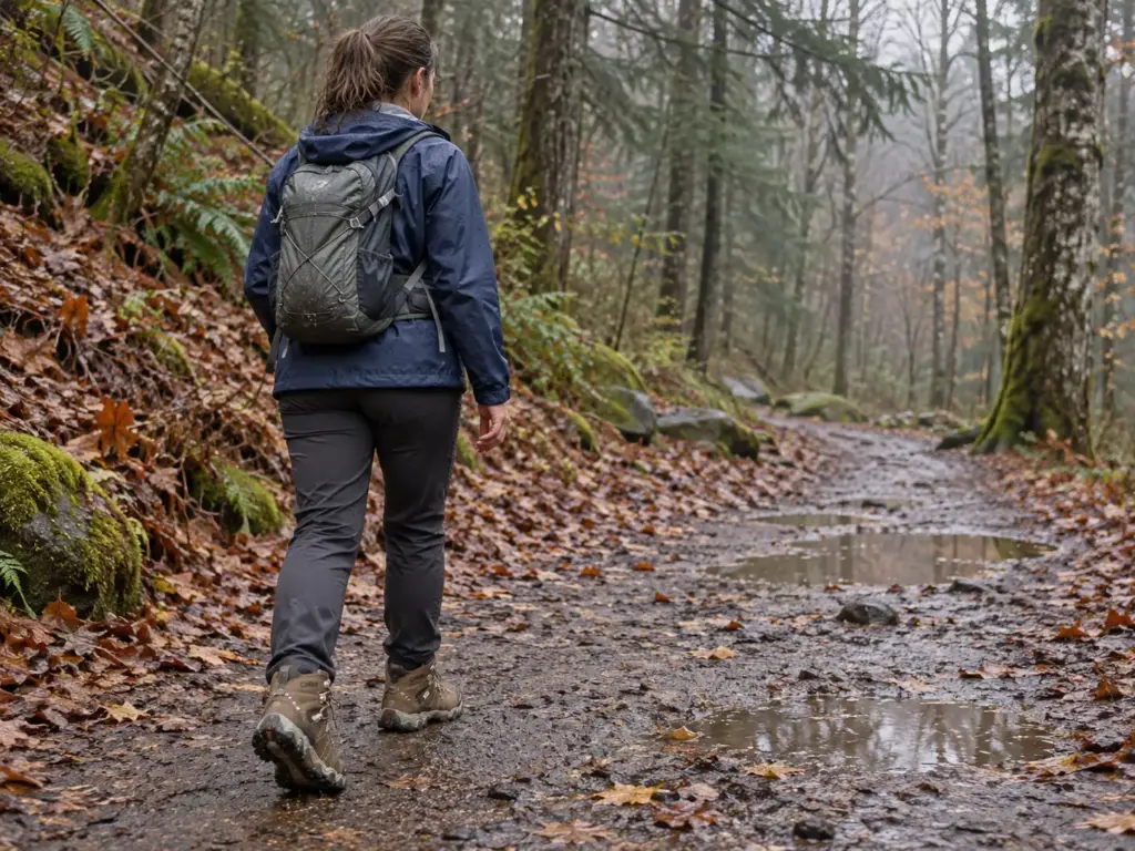 Woman hiking in Oboz Bridger Mid B-DRY waterproof hiking boots on a wet forest trail with water beading on the uppers