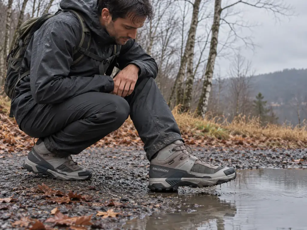 Man crouching at a puddle edge on a damp trail while rain beads on his Salomon X Ultra 5 Mid GTX hiking boots