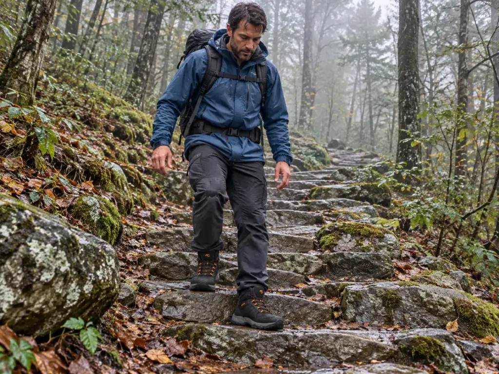 Hiker in URDAR waterproof boots with a loaded daypack walking down rough stone steps on a wide forest trail in light drizzle