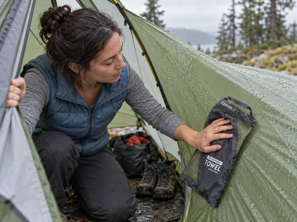 Camper wiping tent condensation off the inside of the rainfly with a microfiber towel from the vestibule