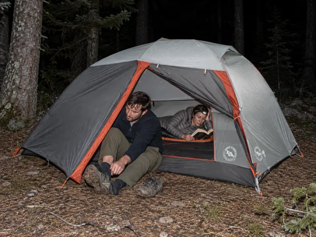 Two campers at the open doors of a Big Agnes Copper Spur HV UL2 mtnGLO tent pitched in a conifer forest at dusk