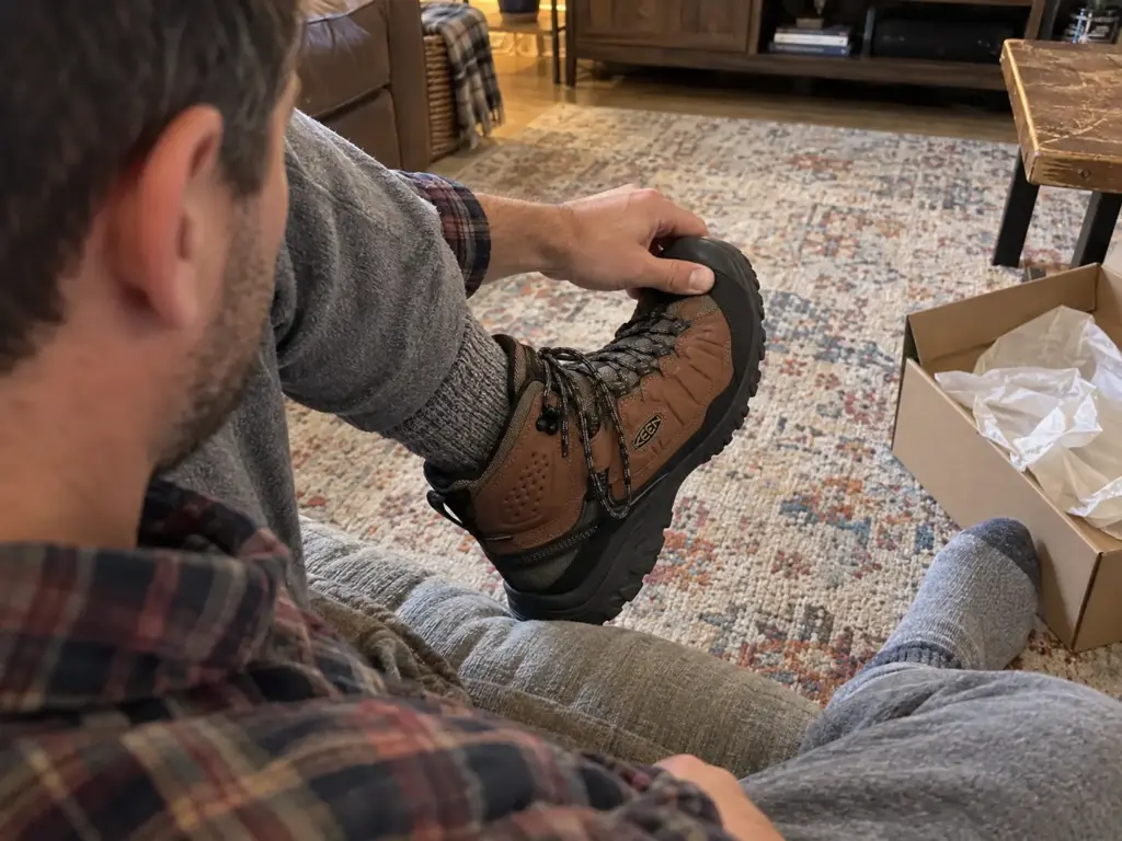 Man in his 40s trying on KEEN Targhee IV Mid hiking boots with thick hiking socks on his living room floor in late afternoon
