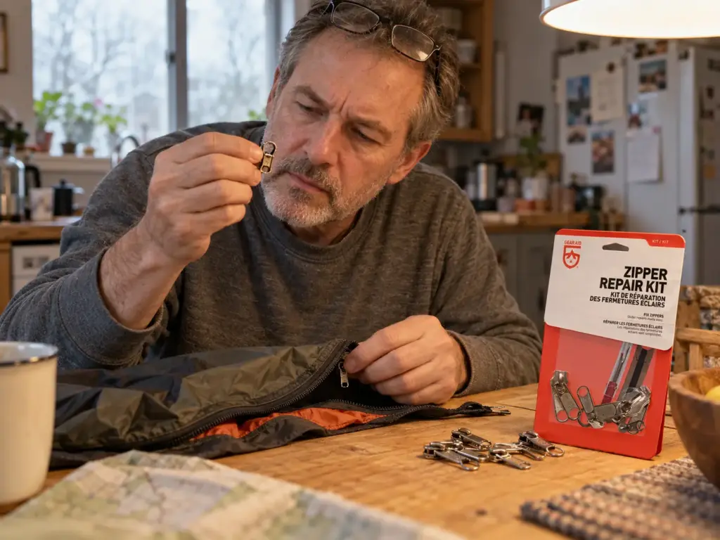Man at a kitchen table holding an old zipper slider next to a Gear Aid zipper repair kit with spare sliders