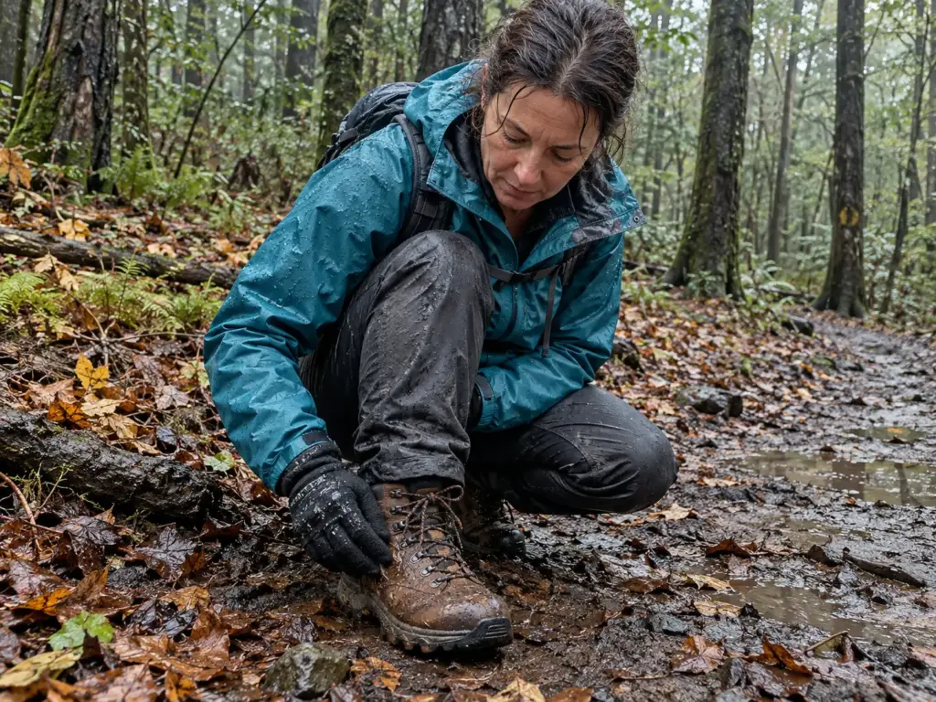 Woman in a rain shell brushing water beads off the toe of her boot on a wet forest trail in drizzle