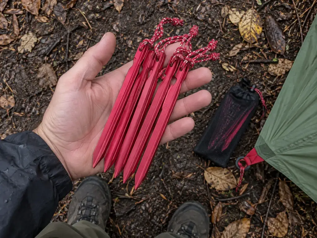 Open palm holding MSR Groundhog tent stakes beside the corner of a pitched tent on damp forest ground