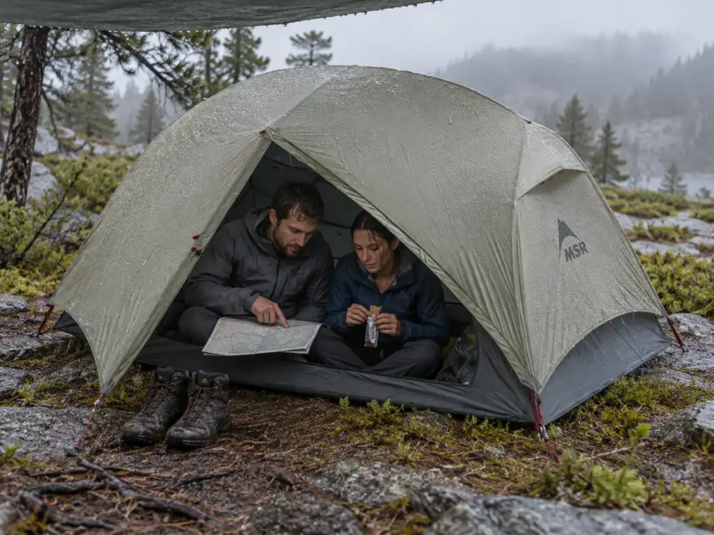 Man and woman sitting up side by side inside a pitched two-person tent during a light drizzle, one holding a map
