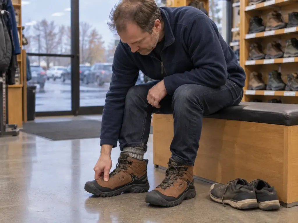 Man testing the toe room of a KEEN Targhee IV Mid waterproof hiking boot in an outdoor shop with a wool sock on