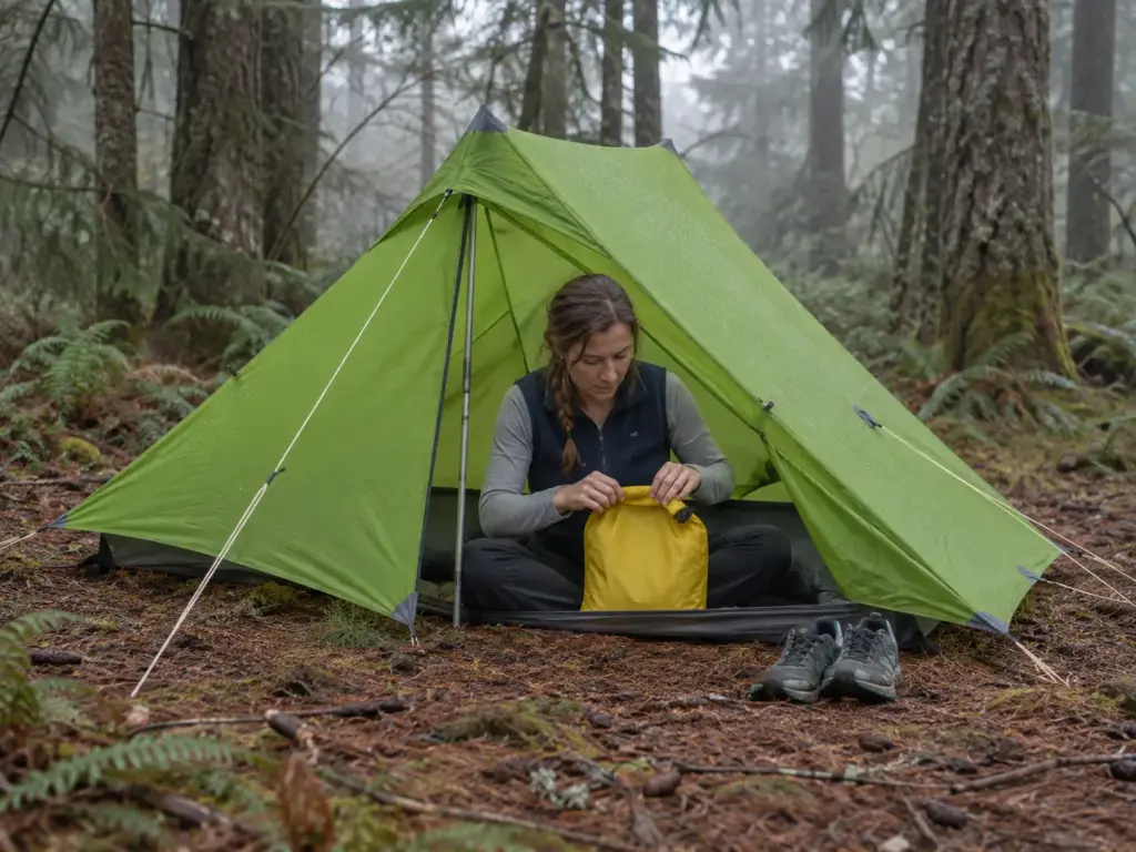 Woman packing a dry bag at the open door of a pitched 3F UL Gear Lanshan 2 Pro budget ultralight two-person tent