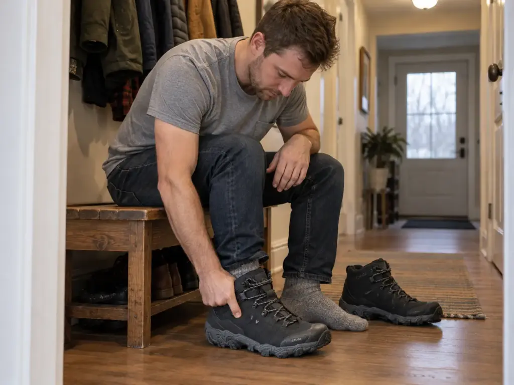 Man in a hallway pressing his thumb on the toe box of an Oboz Bridger Mid men's leather hiking boot to check the fit