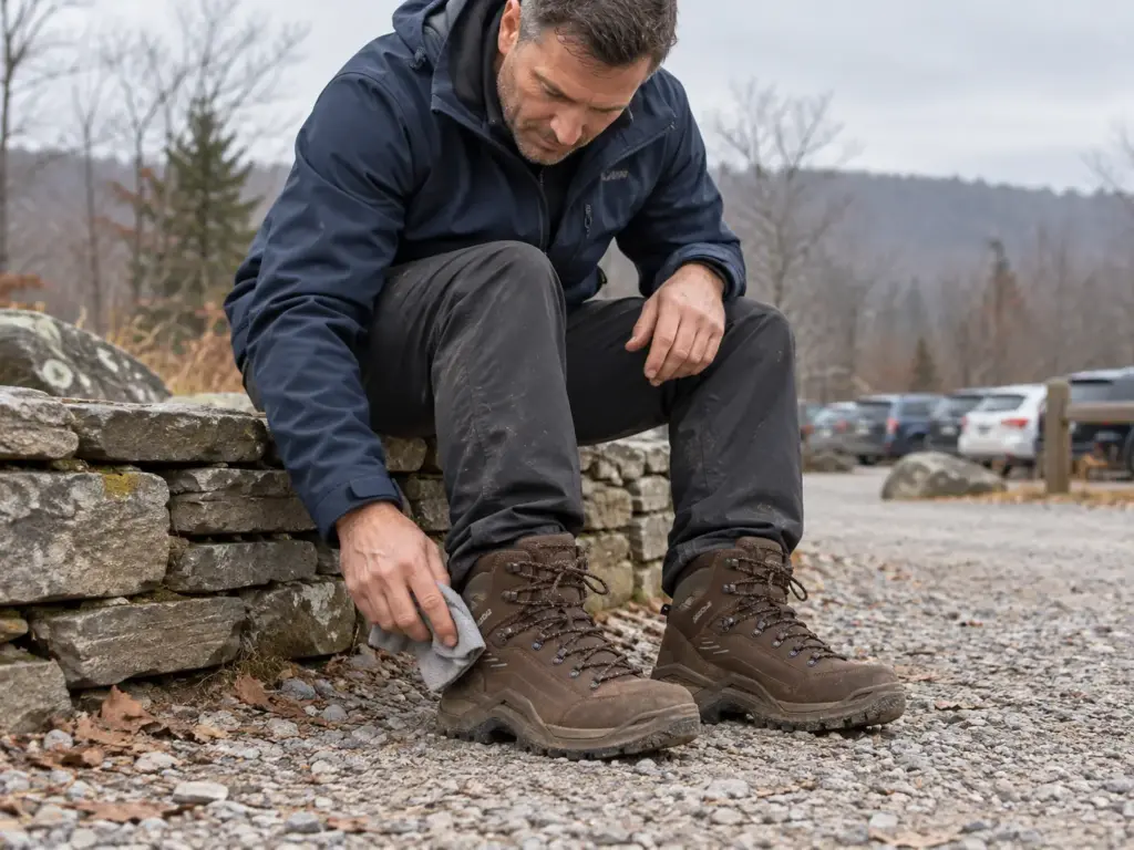 Man in his forties wiping dust off a Lowa Renegade EVO GTX Mid hiking boot on a low stone wall at a trailhead