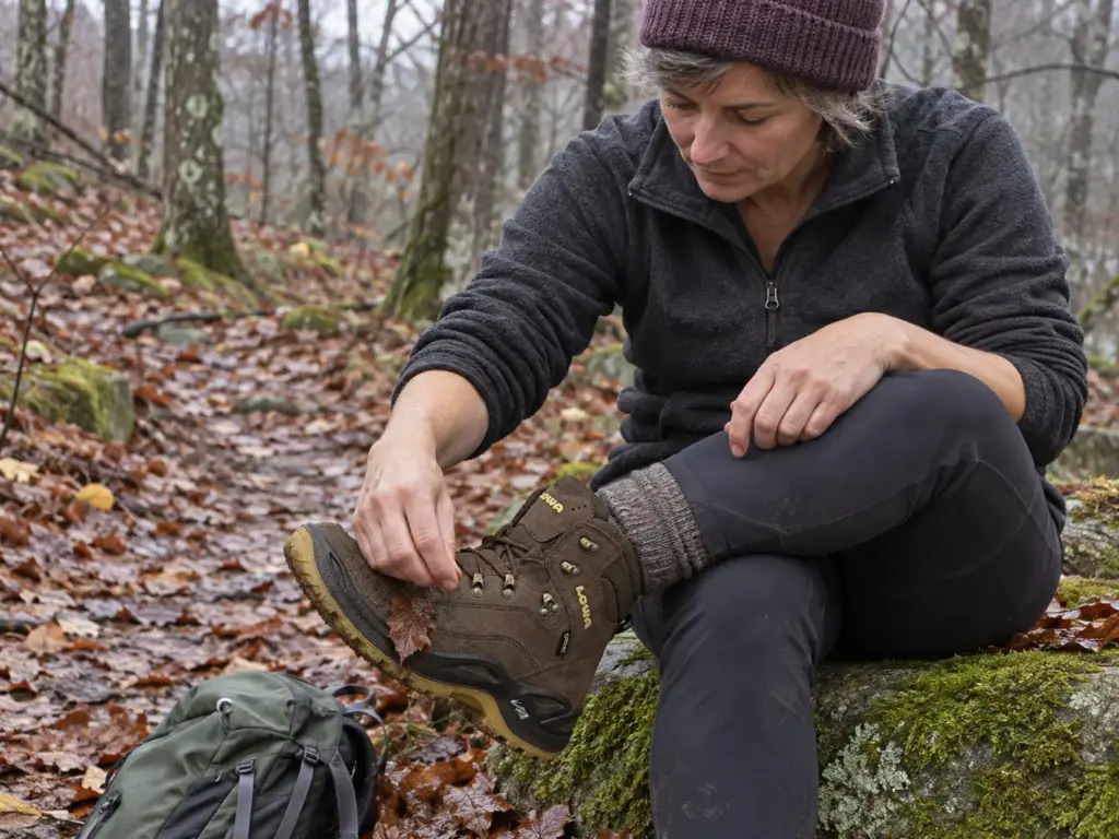 Woman resting on a mossy rock beside a leafy hardwood trail with a Lowa Renegade EVO GTX Mid boot propped on her knee