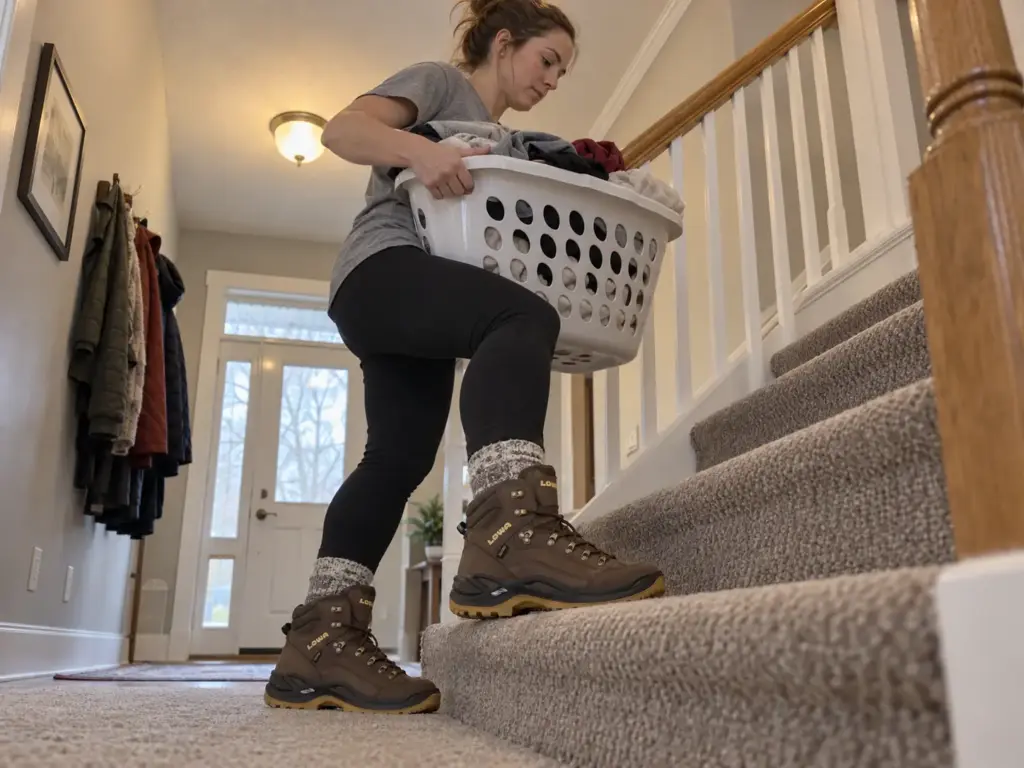 Woman wearing Lowa Renegade Mid GTX women's hiking boots at home to break them in while carrying a laundry basket upstairs