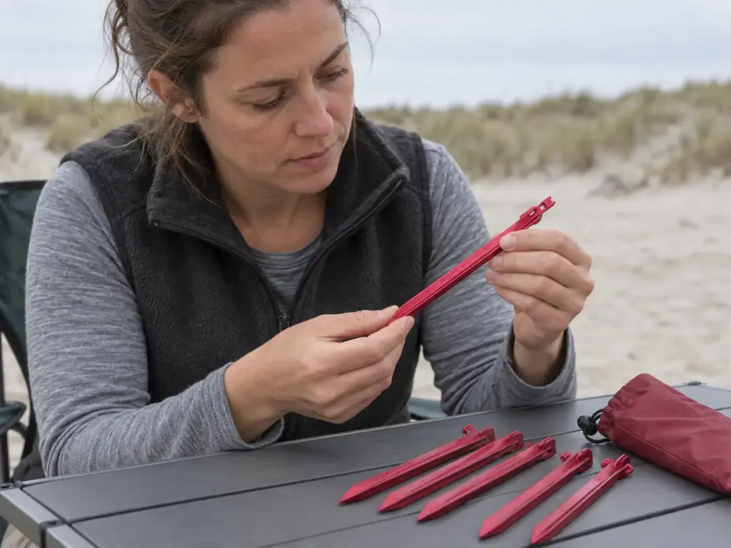 Woman holding an MSR Groundhog tent stake over a folding table with a few other stakes at a beach campsite