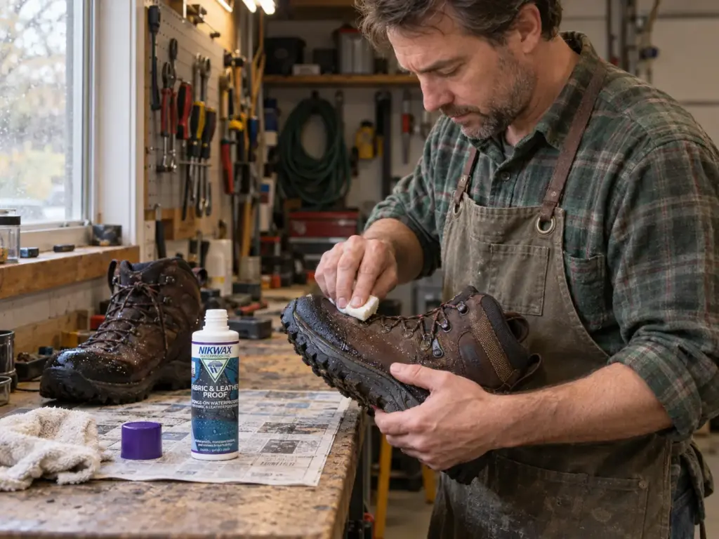 Man re-proofing a pair of hiking boots with Nikwax Fabric and Leather Proof at a garage workbench
