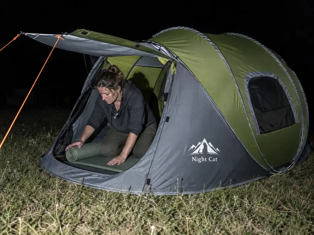 Woman unrolling a sleeping pad in the open door of a Night Cat pop-out tent in a festival-style field at dusk