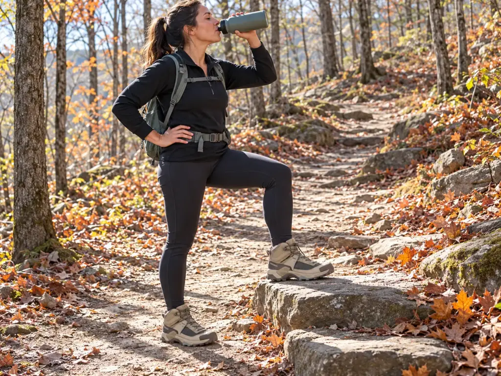 A woman in Salomon X Ultra 5 Mid GTX boots pauses on a dry hardwood trail, one boot on a rock step showing the tread