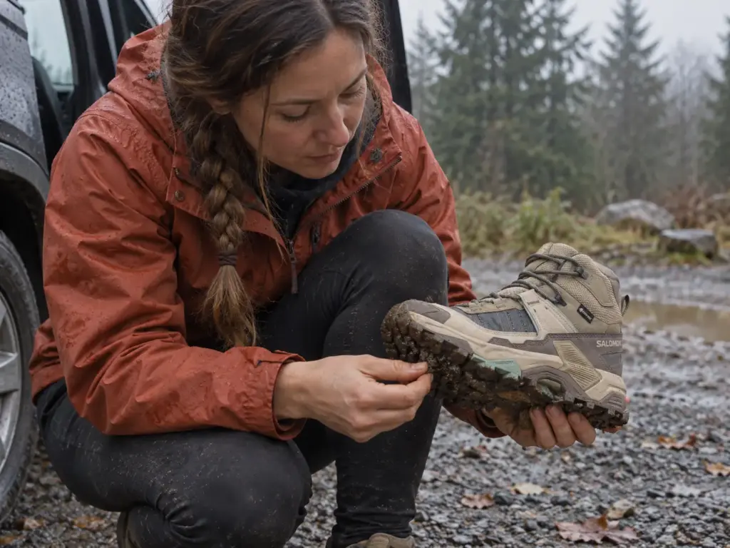 Woman checking the lugs on a Salomon X Ultra 5 Mid GTX hiking boot on wet gravel after rain at a trailhead