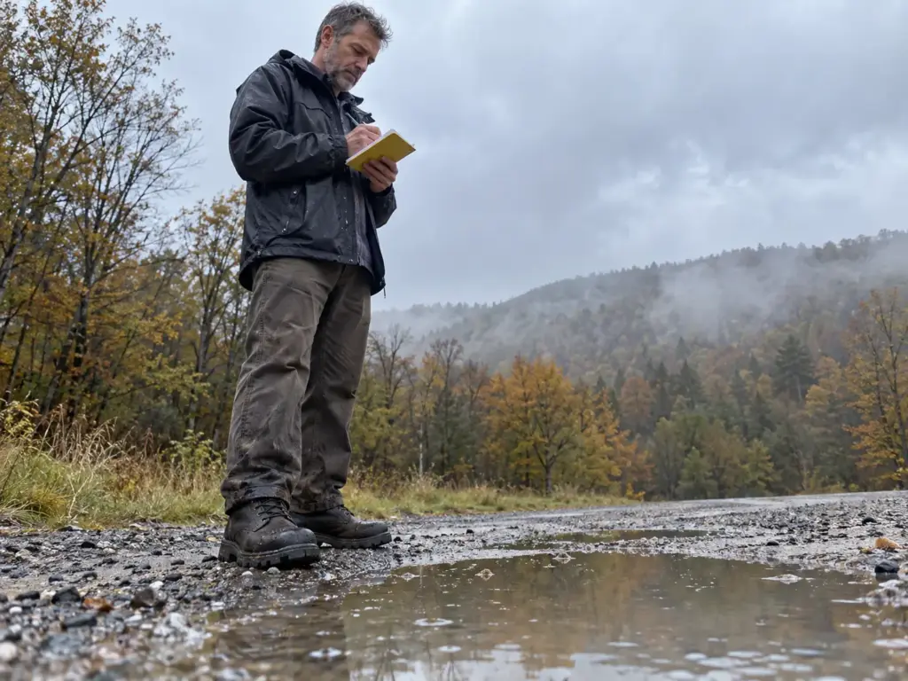 Man writing in a field notebook on a rain-wet gravel road, his black steel-toe boots beaded with water
