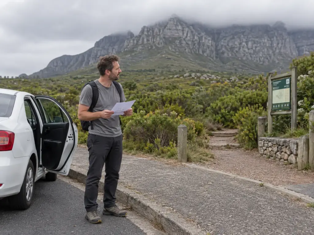 Man stands on Tafelberg Road holding a printed note with the trailhead name beside a parked taxi on Table Mountain