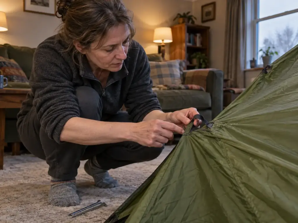 Woman inspecting a tent stake-out loop at the corner of a backpacking tent for leak spots before sealing