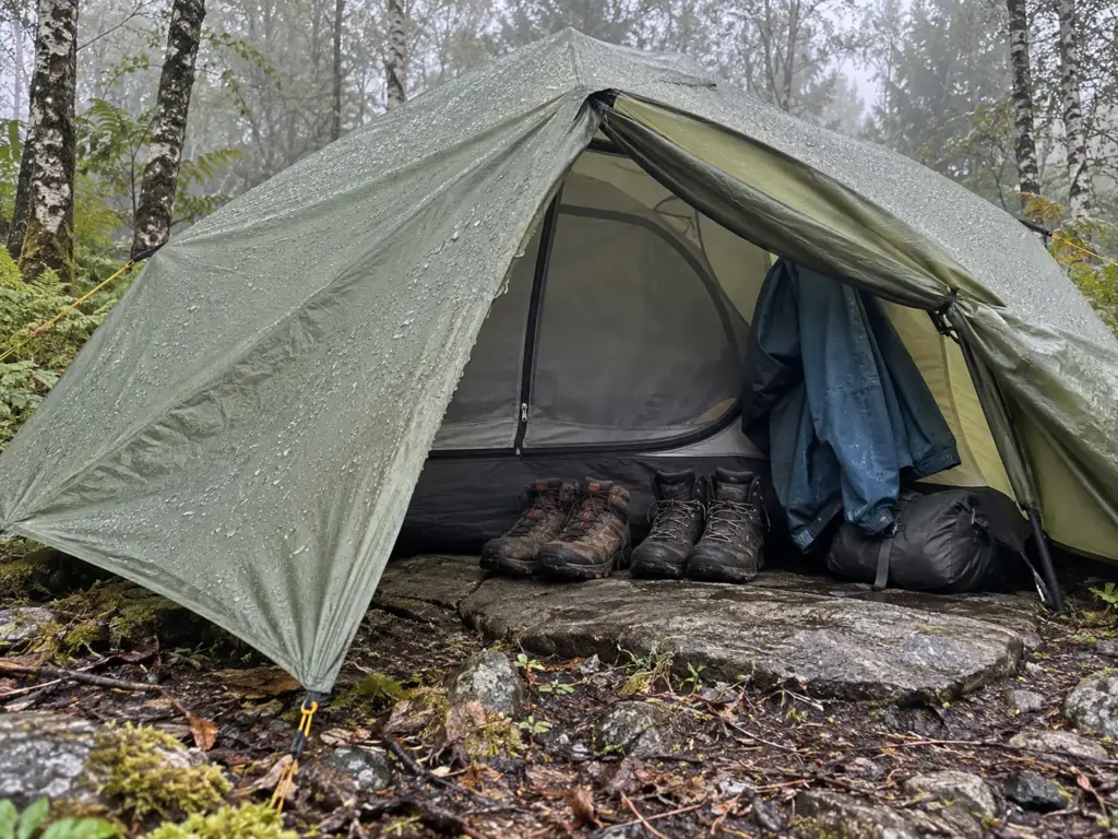 A backpacking tent with its fly beaded with rain and two pairs of boots under the open vestibule door on wet grass