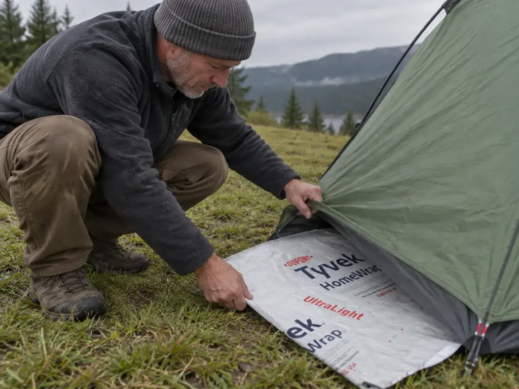 Man crouching at the corner of a pitched tent, tucking the pale edge of a Tyvek groundsheet under the floor on damp grass