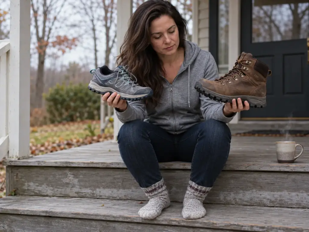 Woman on a porch step holding a light trail shoe in one hand and a heavier leather boot in the other, weighing them