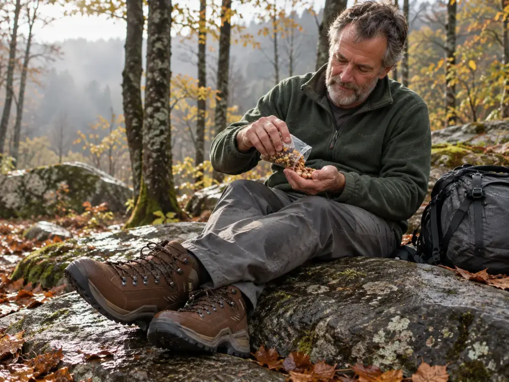 Hiker resting on a boulder in a forest clearing with Lowa Renegade EVO boots stretched out and a daypack beside him