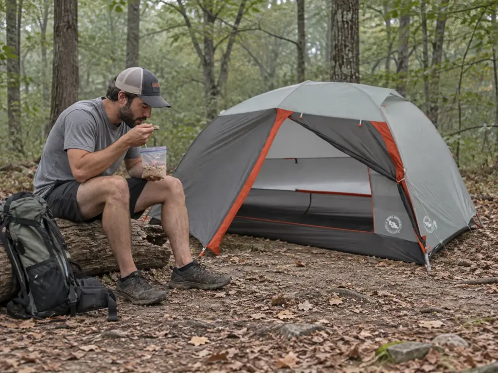 Backpacker eating from a bag on a log beside a pitched Big Agnes Copper Spur UL2 tent at a forested trail camp