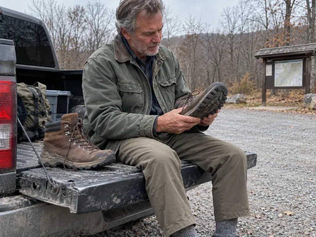 Man on a tailgate choosing between a mid-height hiking boot and a low-cut hiking shoe for plantar fasciitis