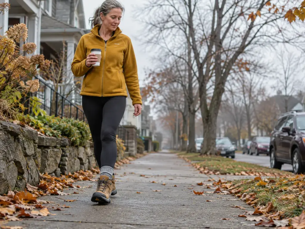 Woman in her 50s walking a quiet neighborhood sidewalk in newer hiking boots to break them in before a trip