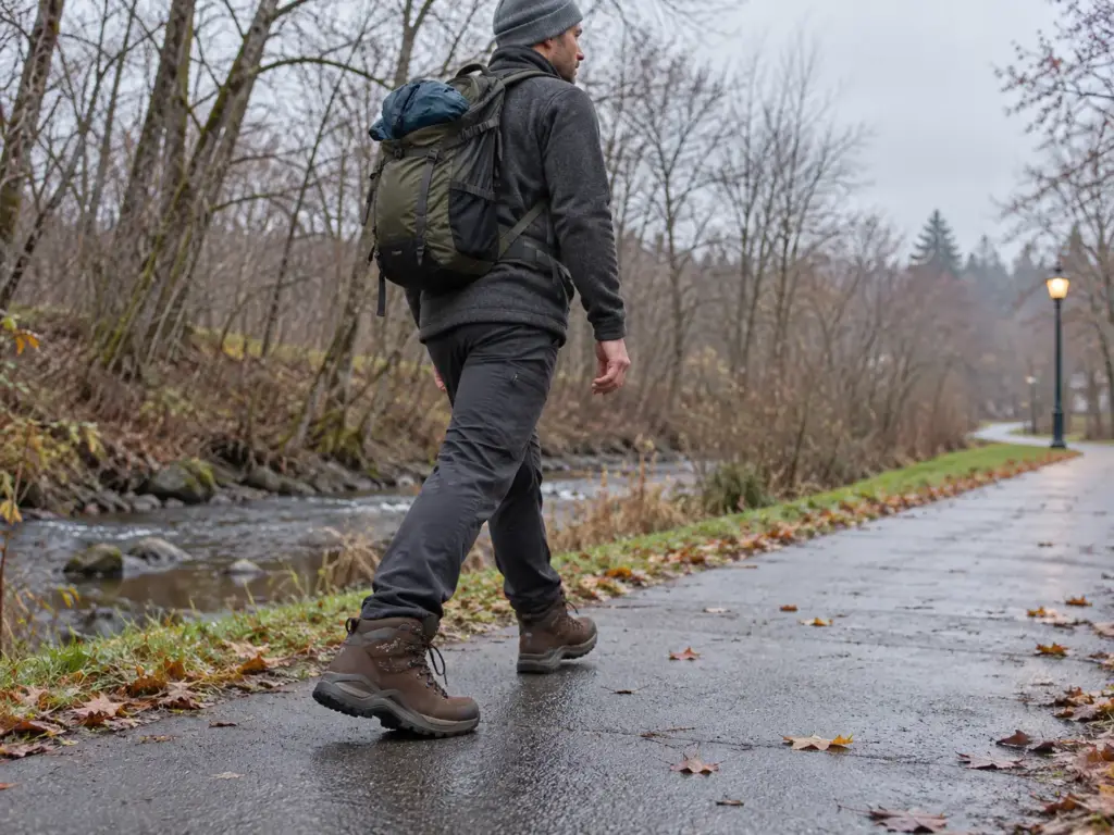 Man walking a paved greenway in Lowa Renegade EVO GTX Mid men's leather hiking boots to break them in before a hike