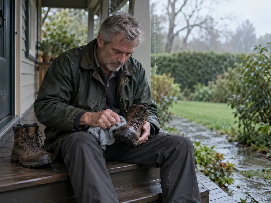 Man in his 50s wiping a rain-damp leather hiking boot on a covered porch step after a wet-weather break-in walk