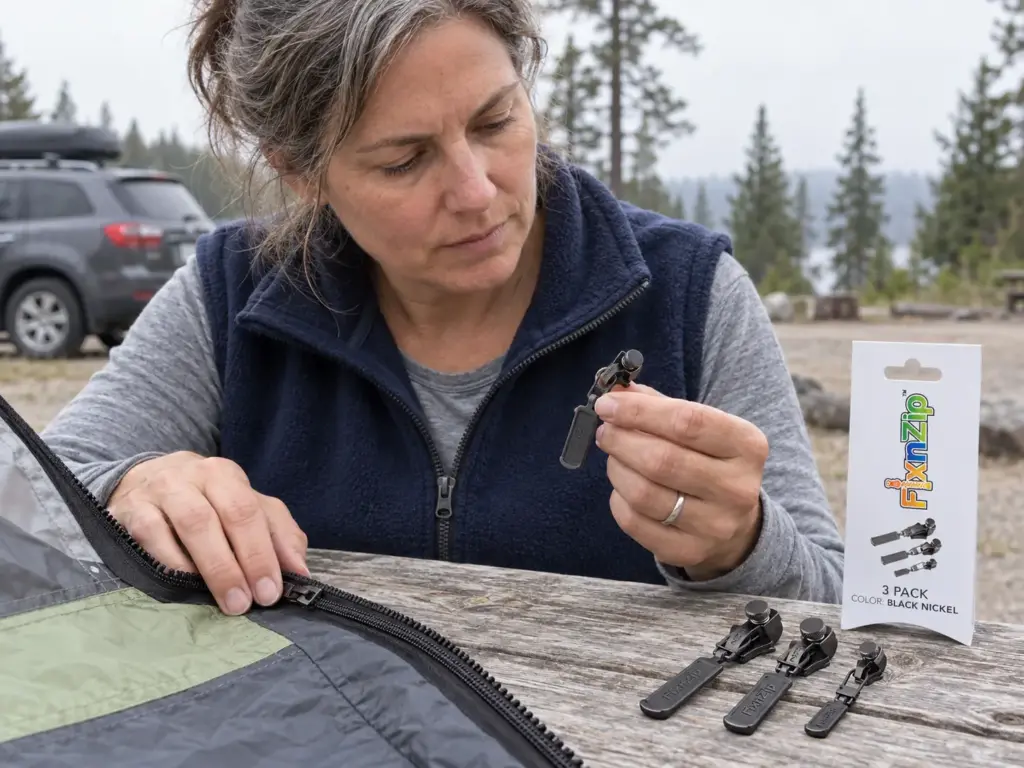 Camper at a picnic table examining a FixnZip slide-on zipper repair kit next to a tent door zipper