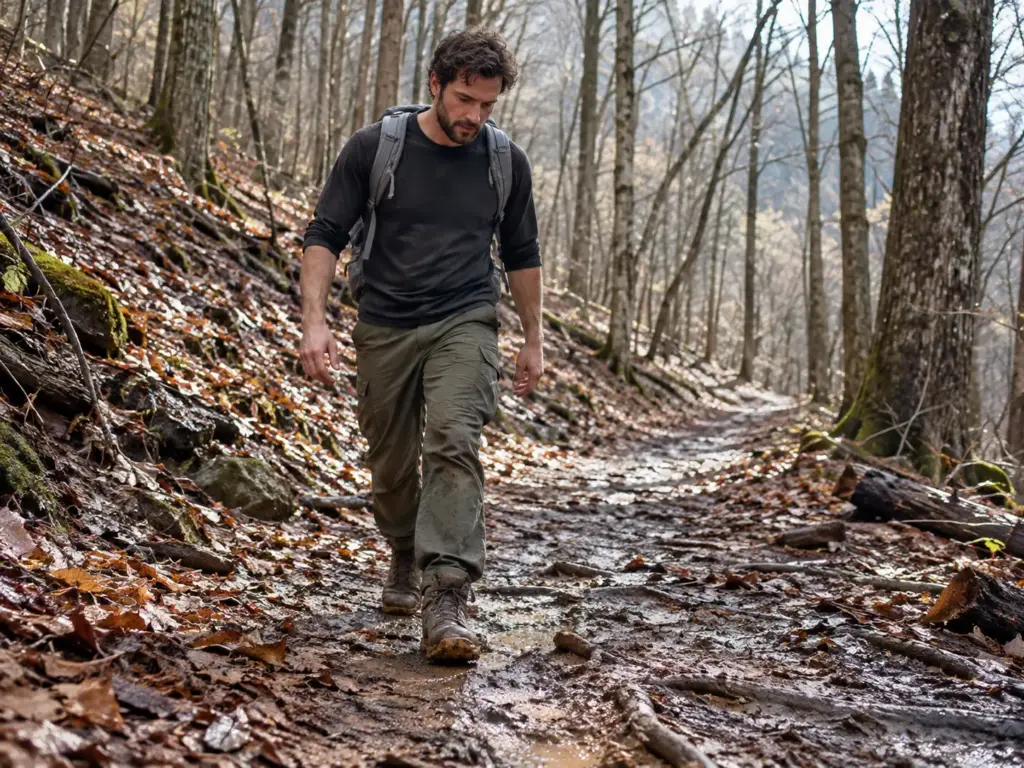 Hiker in wet-clay boots walking down a muddy hardwood trail with a daypack on a cool overcast day