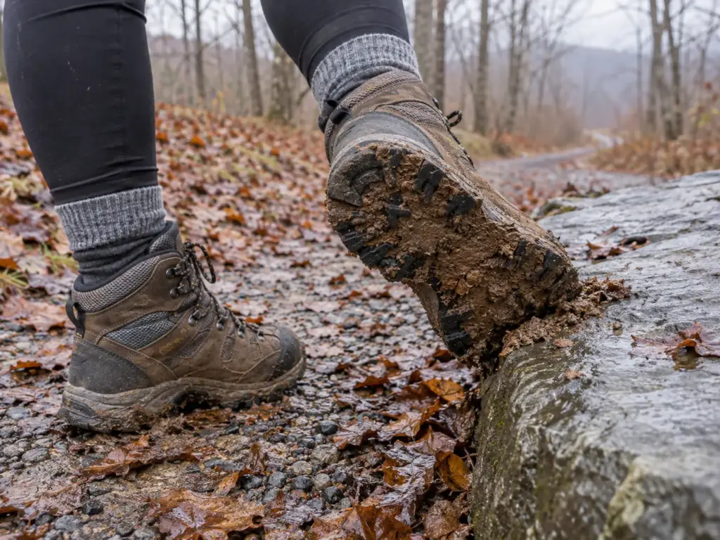 Woman scraping mud from the lugged outsole of a hiking boot against a rock edge on a wet gravel trail