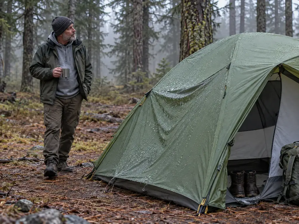 Man in his 50s with a steaming mug looking at a rainfly that sags in a shallow dip after overnight rain