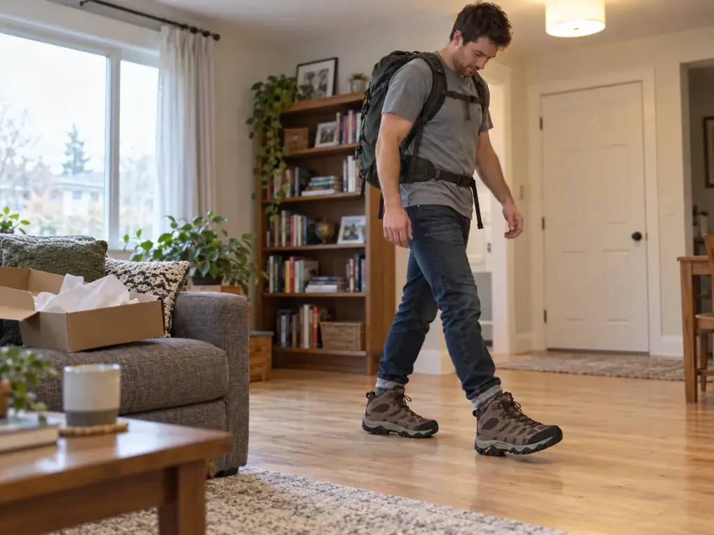 A man walks his living room in new Merrell Moab 3 Mid boots with a loaded daypack to test comfort at home
